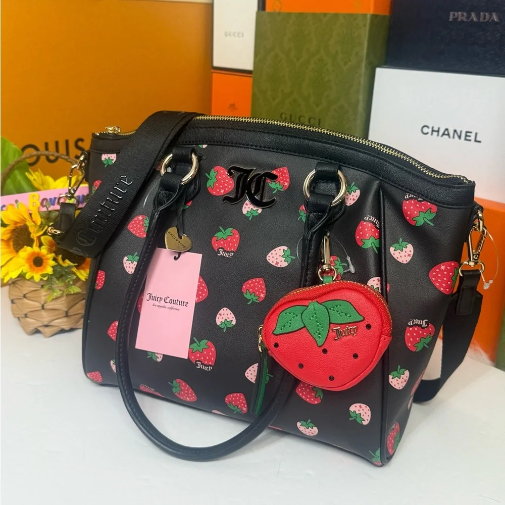 ๐JUICY COUTURE Black and Red Satchel with Strawberry Charm - Picture 1 of 16